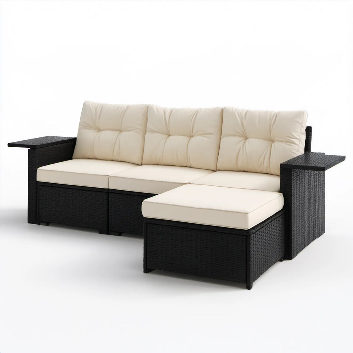 3-osobowa sofa ogrodowa z podnóżkiem z technorattanu PE 203 x 65 x 60 cm Czarna/Kremowa