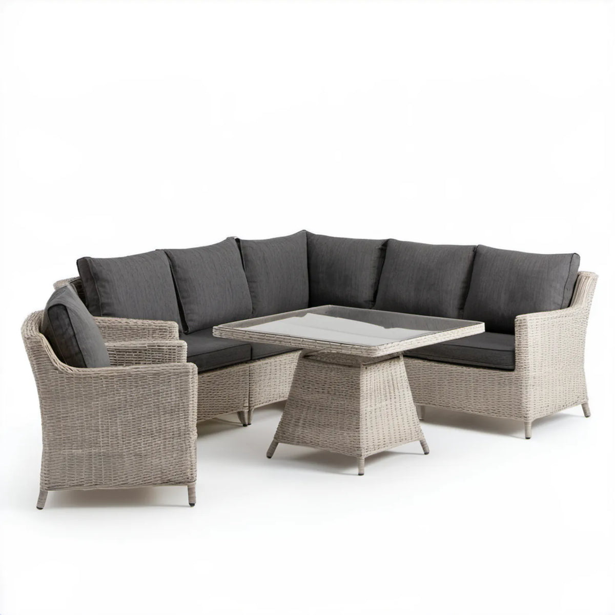 5-elementowy zestaw ogrodowy z technorattanu PE, sofa narożna 220 x 220 cm, fotel i stół 110 x 60 cm, jasnoszary/ciemnoszary