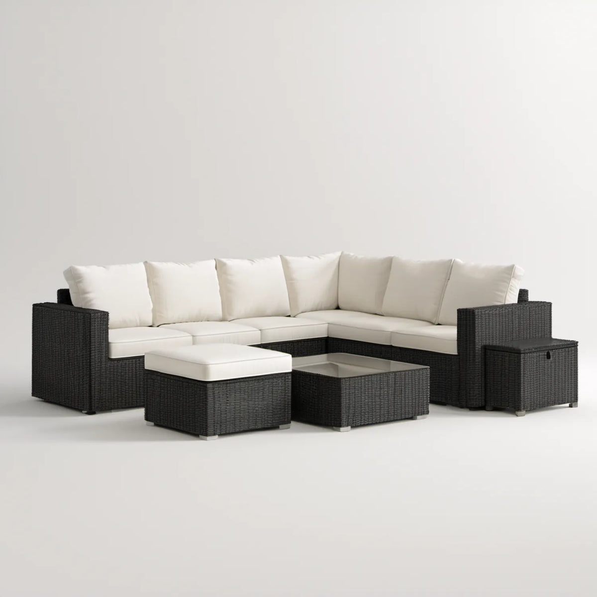 Narożny zestaw wypoczynkowy z technorattanu czarno-kremowy 280 x 210 cm