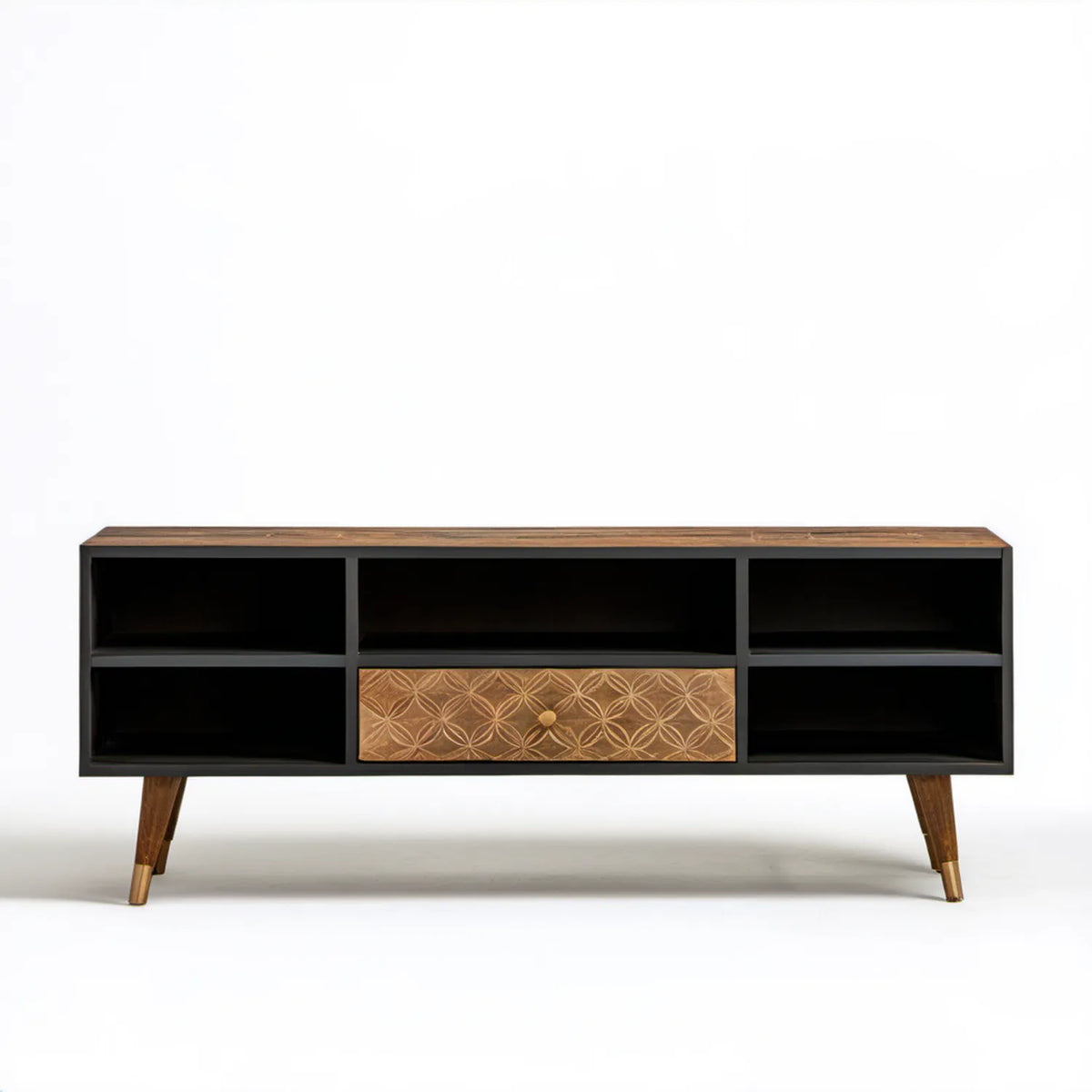 Szafka RTV czarno-brązowo-złota 140 x 30 x 50 cm z litego drewna mango i stali