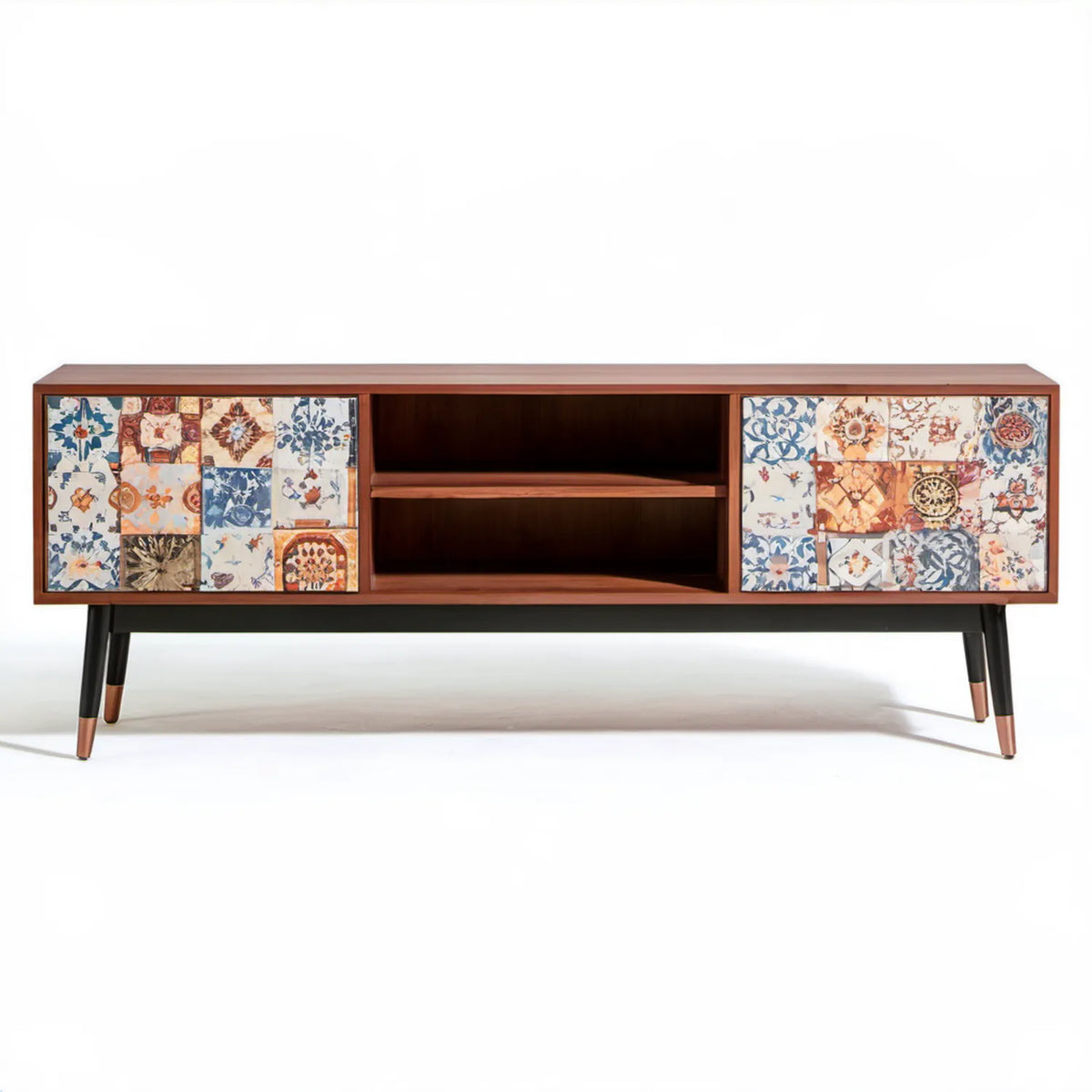 Szafka RTV retro 160 x 40 x 60 cm brązowa z frontami z płytek ceramicznych