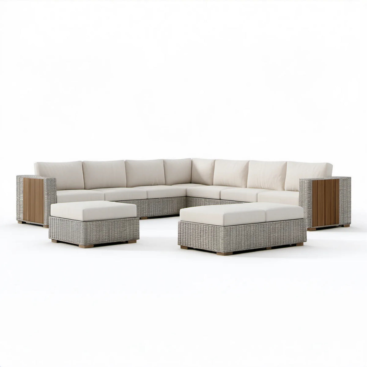 Narożny zestaw wypoczynkowy z 2 pufami, technorattan PE i aluminium, szaro-beżowo-brązowy, 400 × 310 × 75 cm